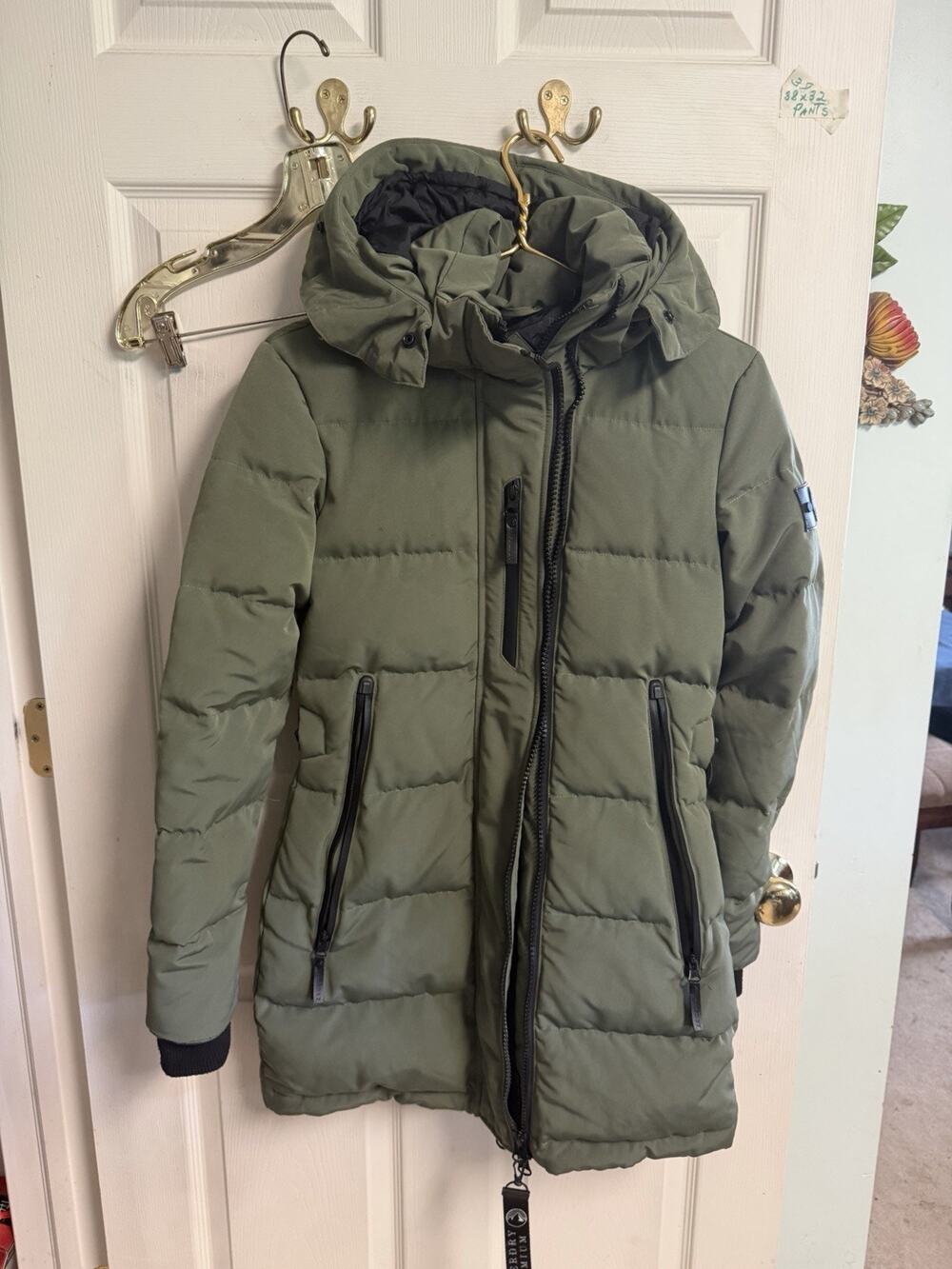 Super Dry Premium Down Jacket Parka Hooded Puffer Coat Olive Green Small 38w 31L
